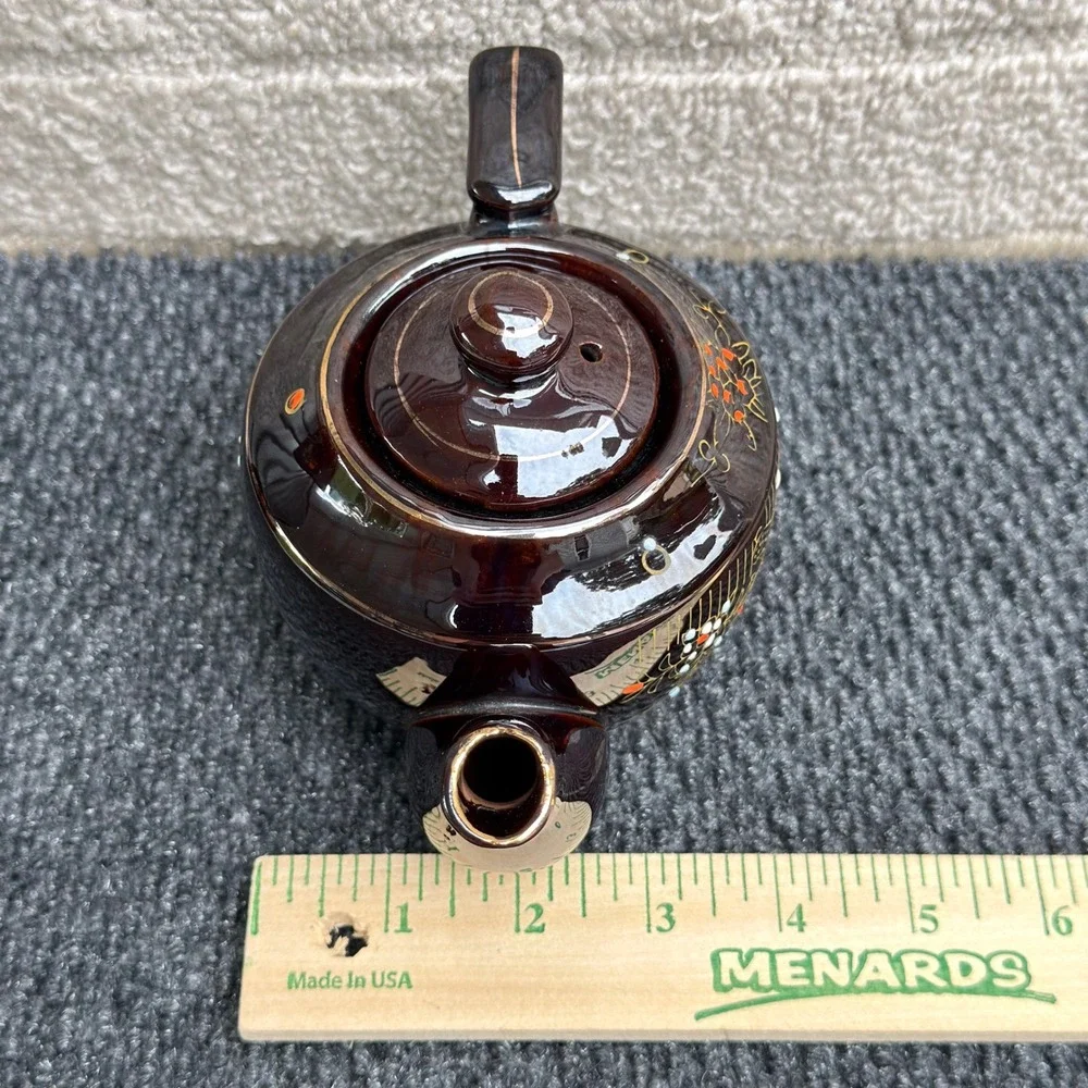 Vintage Japanese Brown Glazed Ceramic Teapot Hand Painted Floral Gold Moriage
